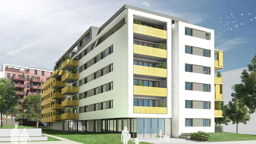 Visualisierung des Wohnprojekts Viola Park, Bauplatz 3, des Bauträgers AEAG im 10. Bezirk, mit Blick auf das grüne Band