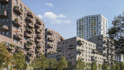 Visualisierung eines Wohnprojekts mit privaten Freiflächen