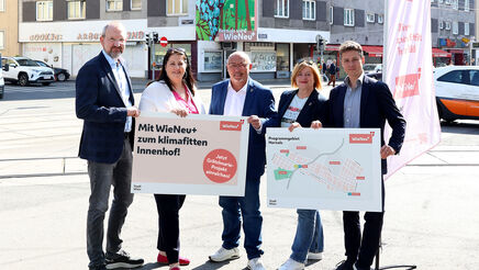 Drei Männer und zwei Frauen halten zwei Schilder mit den Inhalten "Mit Wien Neu+ zum klimafitten Innenhof" und einem Plan des Grätzls. Die fünf Personen sehen freundlich in die Kamera. Im Hintergrund ist eine Straßenkreuzung mit Schienen und vorbeifahrenden Autos zu erkennen.