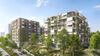 Süd-Perspektive der Visualisierung des Wohnprojekts Kurbadstraße BAG 5 des Bauträgers Gartenheim im 19. Bezirk - Gebäude mit Holz verkleidet und begrünt