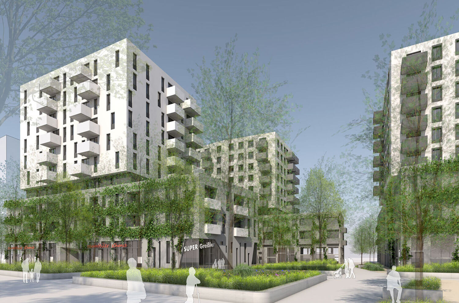 Visualisierung eines Wohnprojekts mit weißer Fassade, Grünflächen und Supergreißler