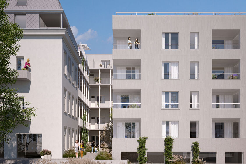 Visualisierung eines Hauses moderner Bauart mit Flachdach und Balkonen. Gepflasterter und begrünter Innenhof