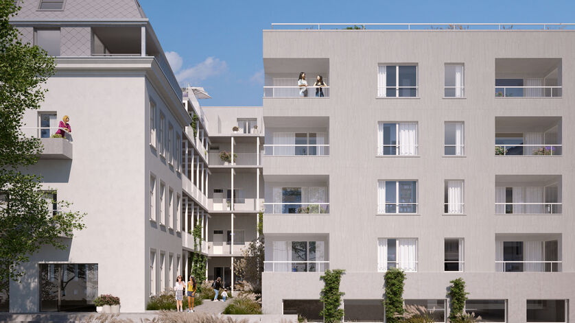 Visualisierung eines Hauses moderner Bauart mit Flachdach und Balkonen. Gepflasterter und begrünter Innenhof