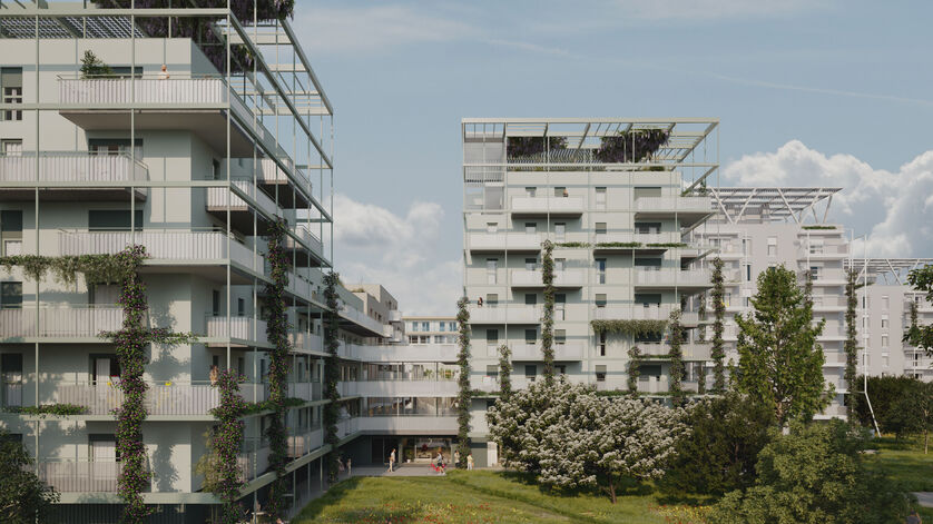 Visualisierung eines Wohnprojekts mit weißer Fassade und vertikaler Begrünung