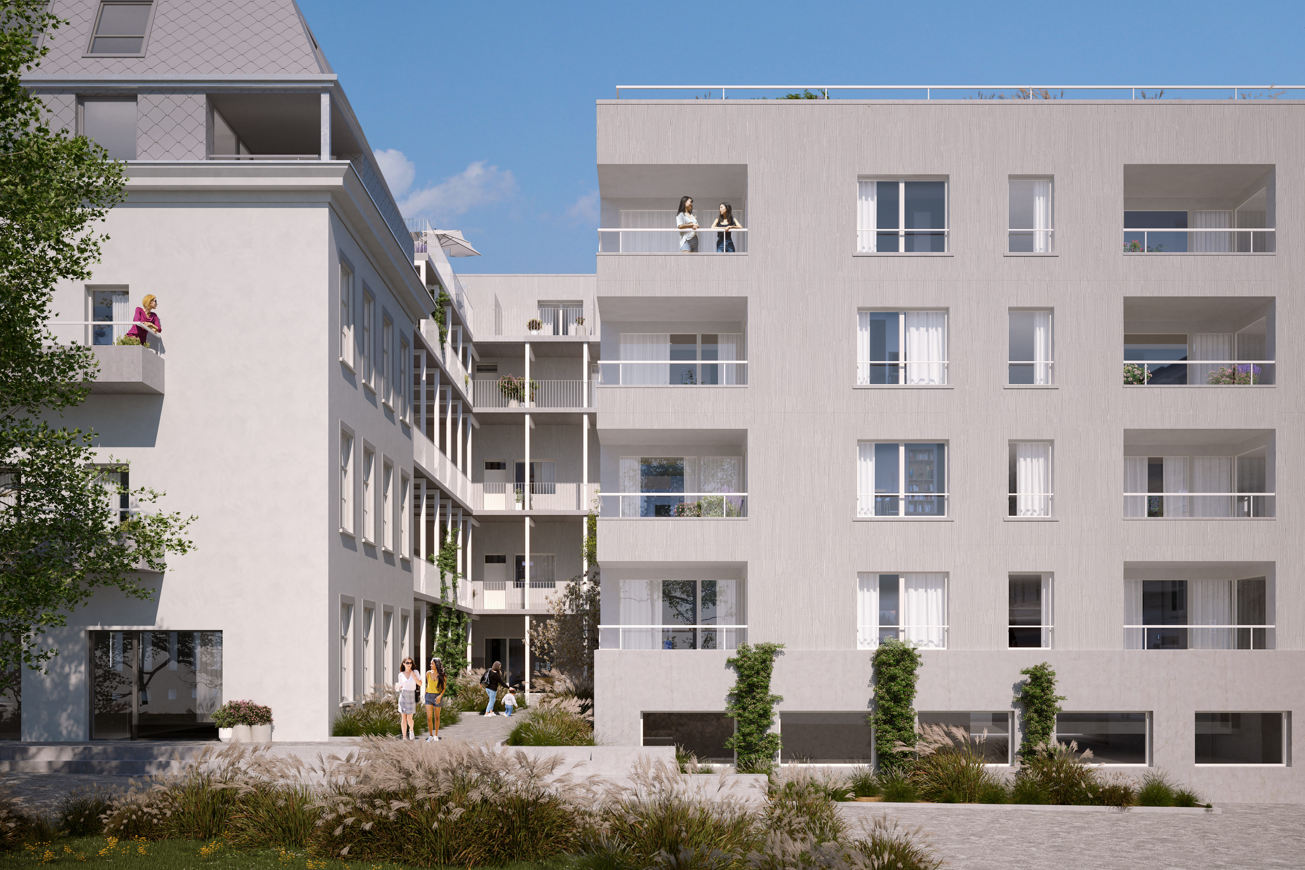 Visualisierung eines Hauses moderner Bauart mit Flachdach und Balkonen. Gepflasterter und begrünter Innenhof