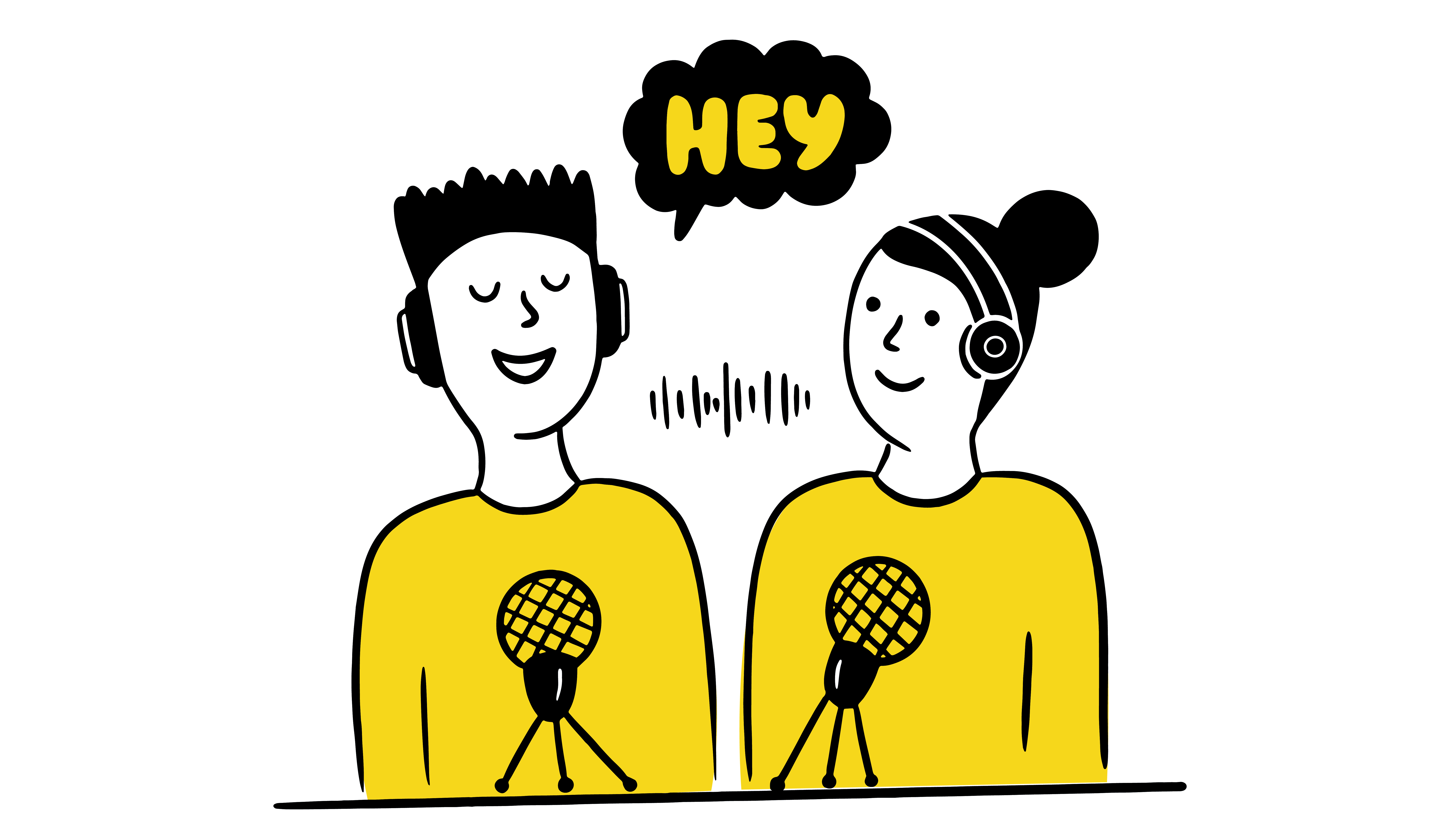 Die comichafte Grafik von zwei Personen, die vor zwei Mikrophonen sitzen und offenbar miteinander sprechen soll einen Podcast symbolisieren. Über den beiden ist eine Sprechblase mit dem Wort Hey zu sehen.